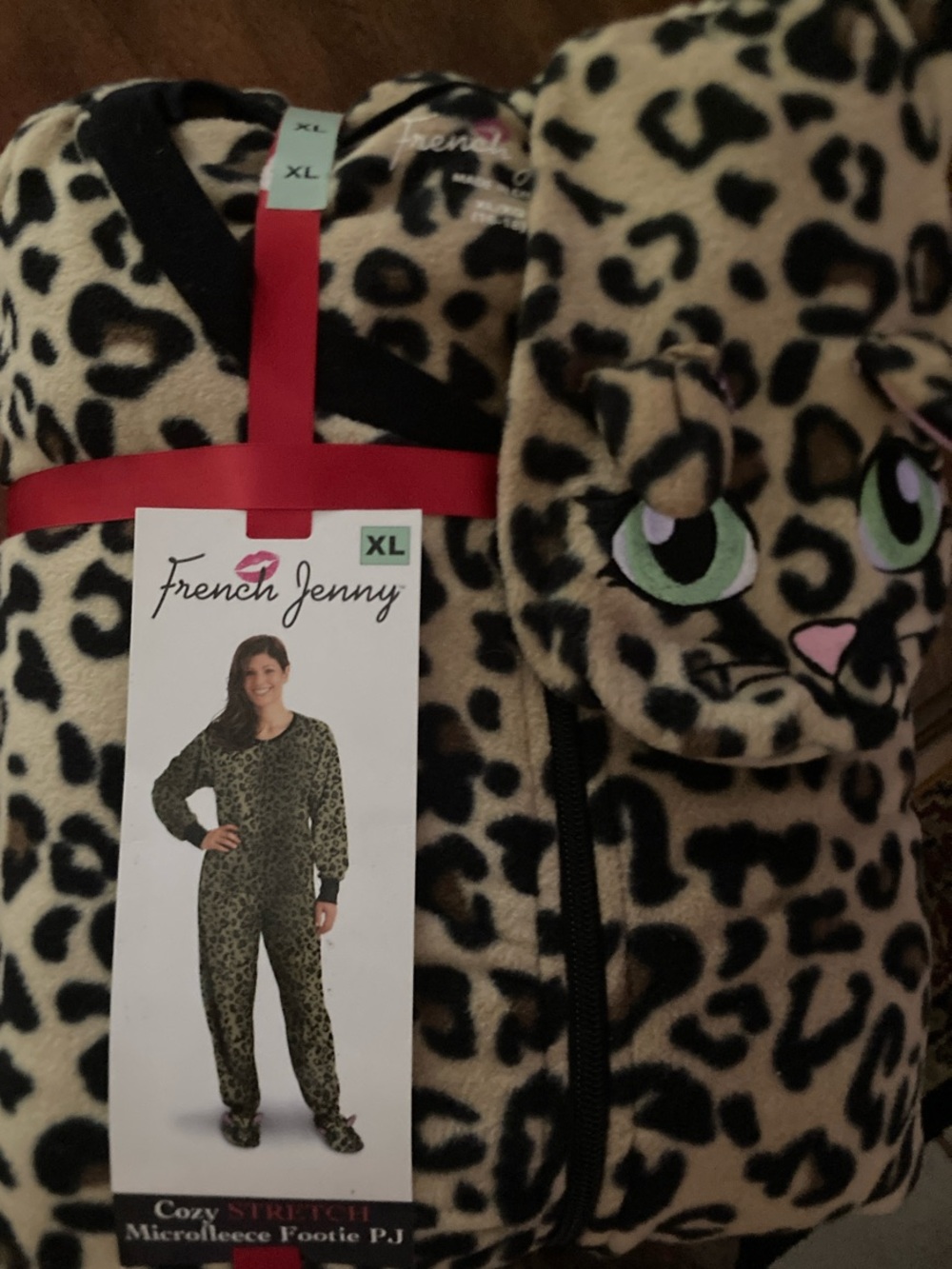 Women's Beige Leopard Print Microfleece Footie Pajama - XL